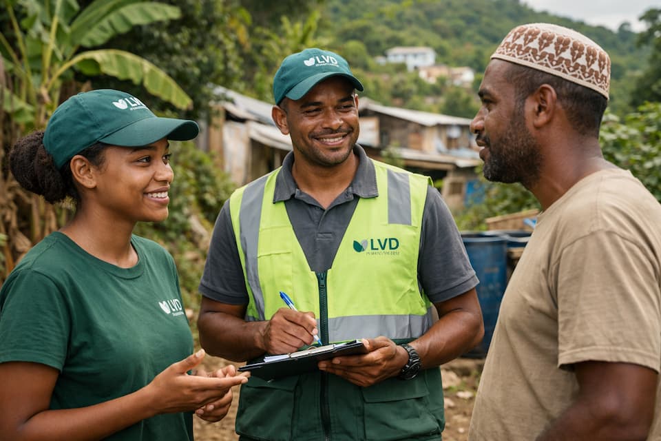Agents de LVD Environnement accompagnant des acteurs locaux à Mayotte